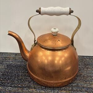 Vintage The Cellar Copper Tea Kettle Pot Ceramic Handle Rustic Farmhouse Decor